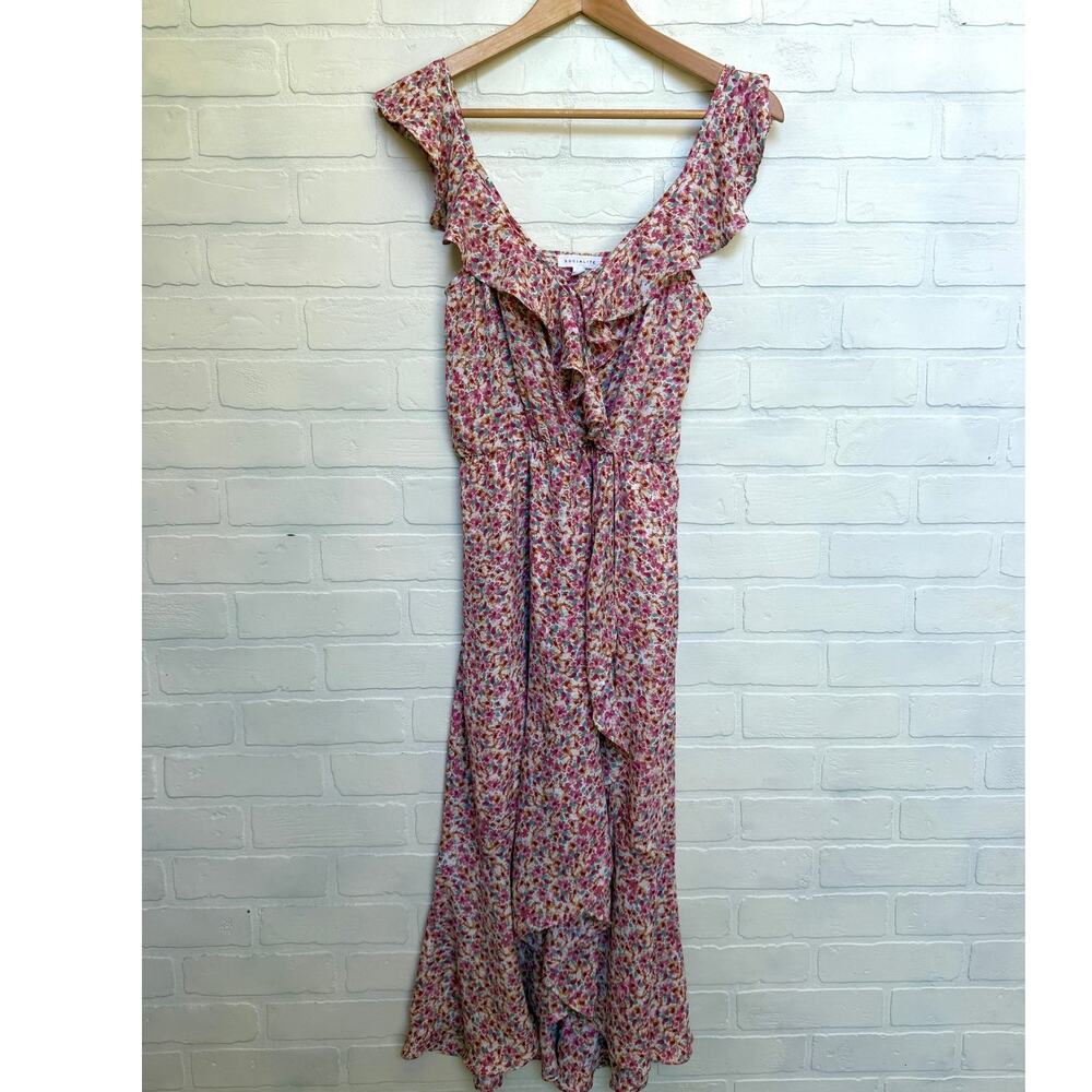 Socialite Women's Sleeveless Ruffle Pink Yellow Flower Print Midi Dress sz S